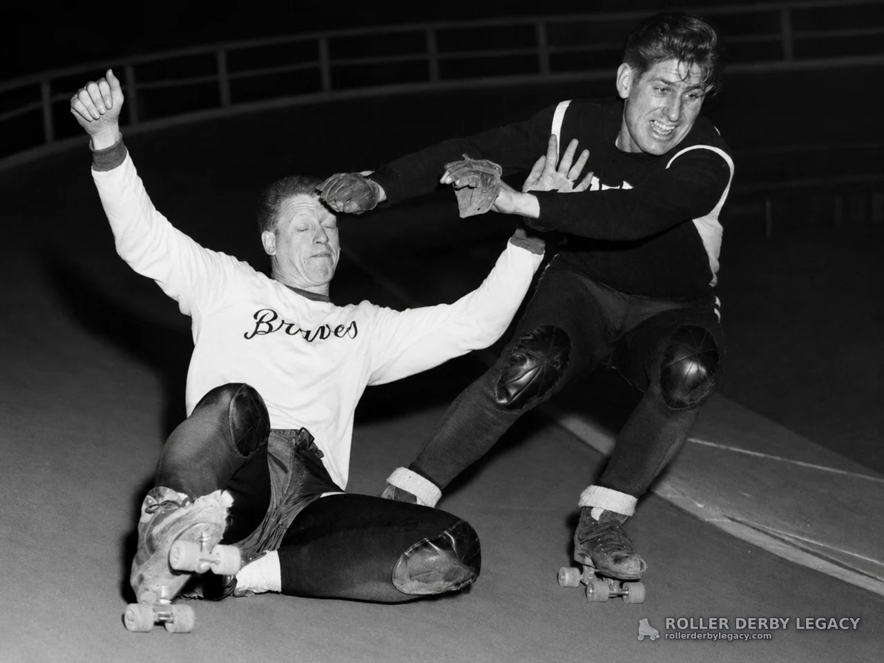 Banked-Track Roller Derby Contact with “Braves” Sweatshirt