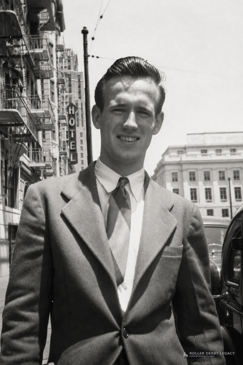Suited Man on a City Street with Hotel Sign