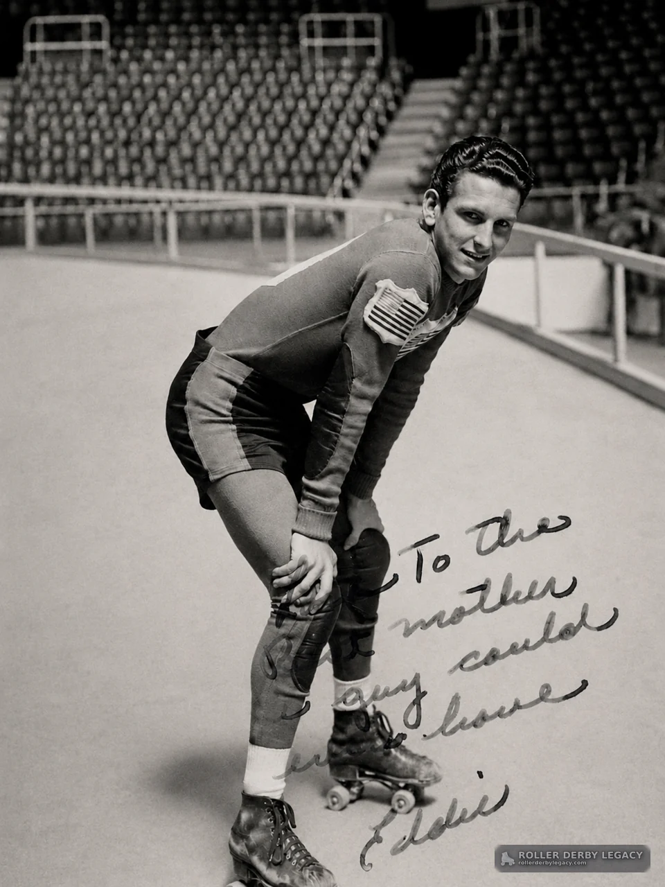 Inscribed Portrait of a Roller Skater in an Indoor Arena