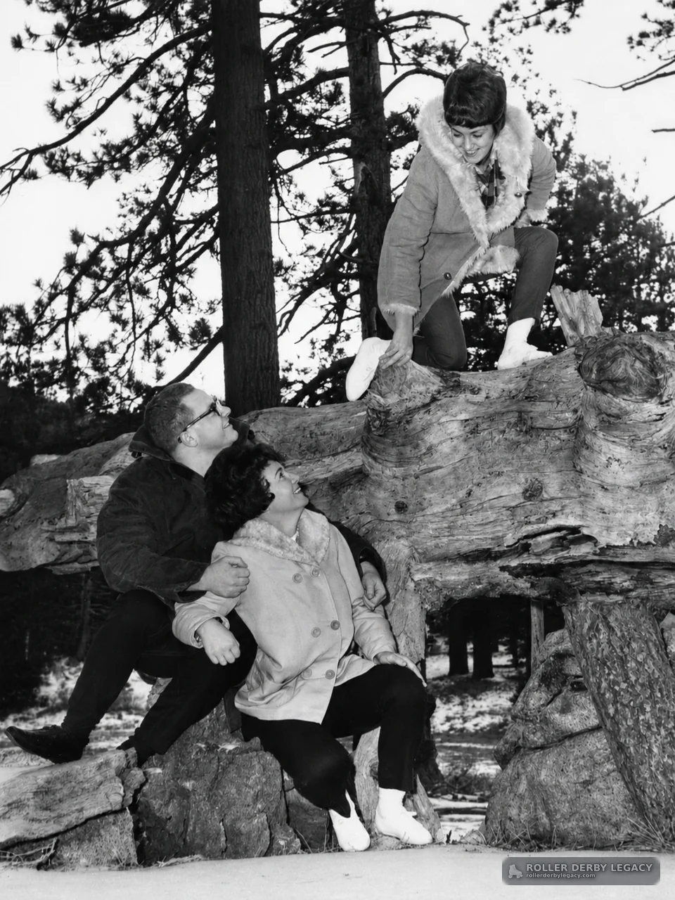 Three People Posing by a Fallen Tree in a Wooded Setting