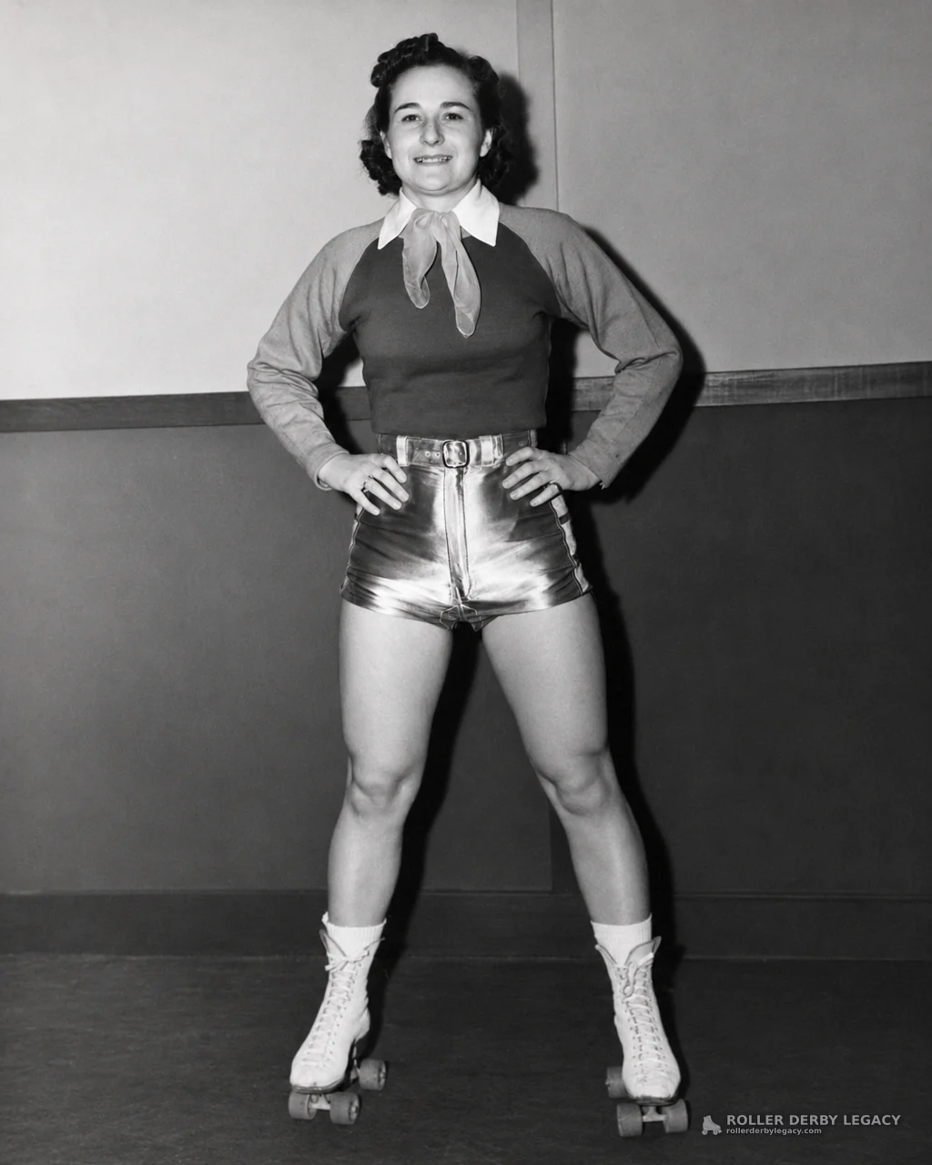 Unidentified Skater Posing Indoors on Quad Roller Skates