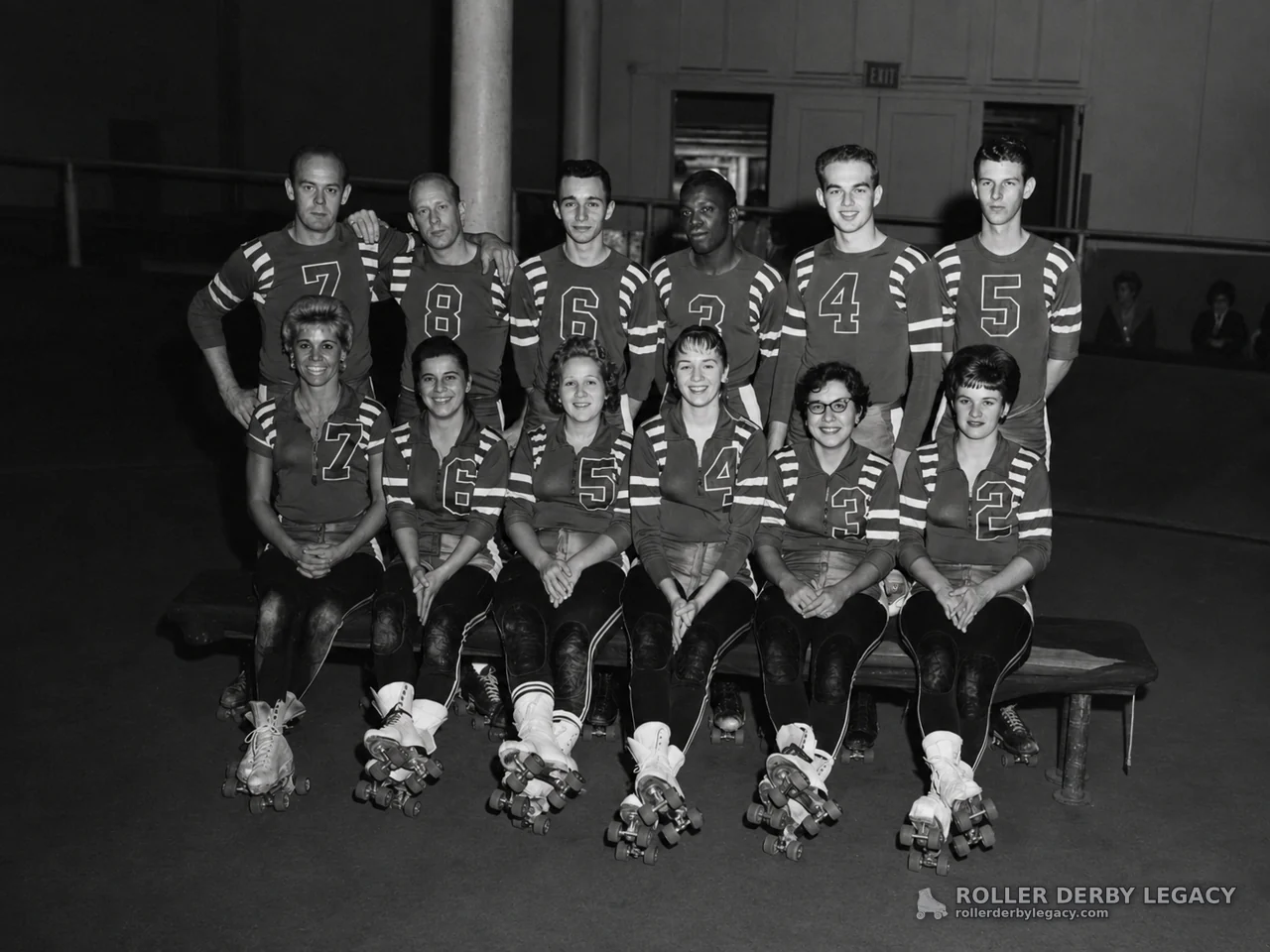 Uniformed Roller Skaters Posed in an Indoor Venue