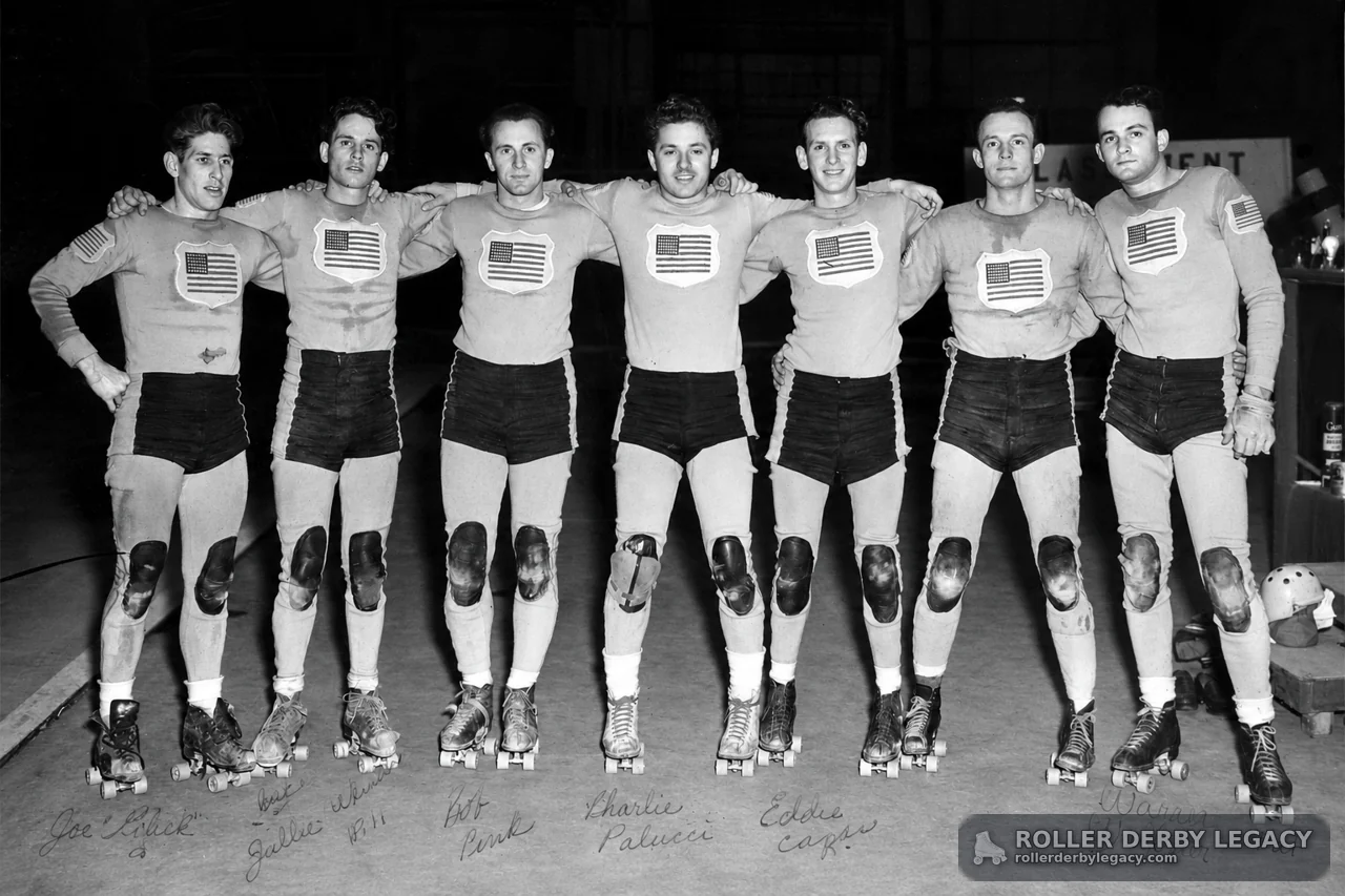 Seven Skaters in U.S. Flag Roller Derby Uniforms