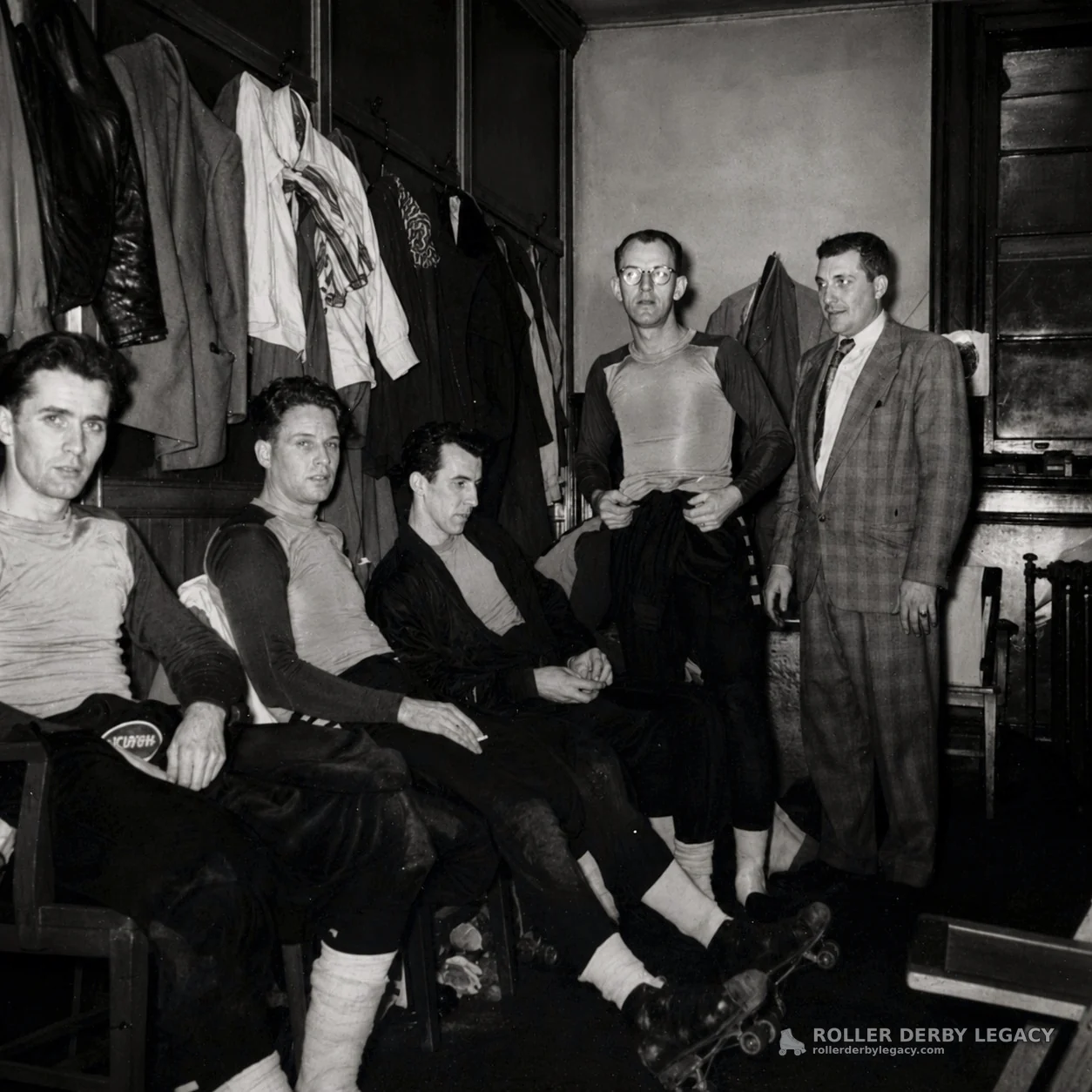 Men with Roller Skates in a Locker Room