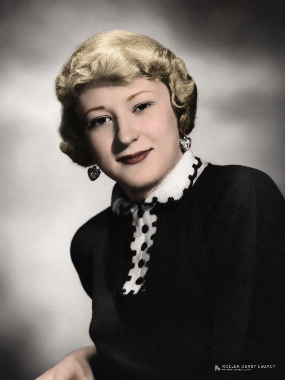 Colorized Studio Portrait of a Woman in a Ruffled Collar Dress