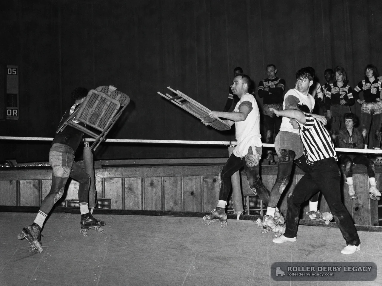 Roller Derby Skaters Brandishing Folding Chairs