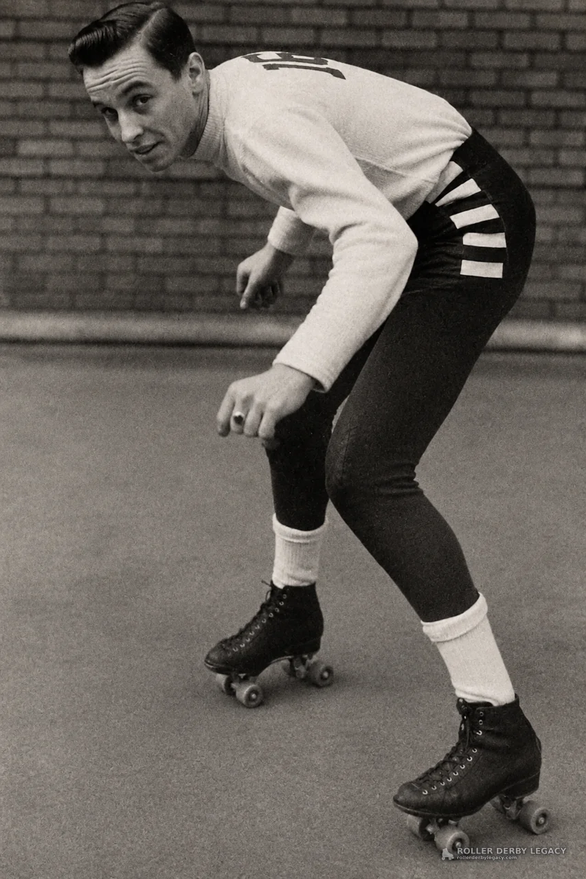 Crouching Roller Skater in an Indoor Rink