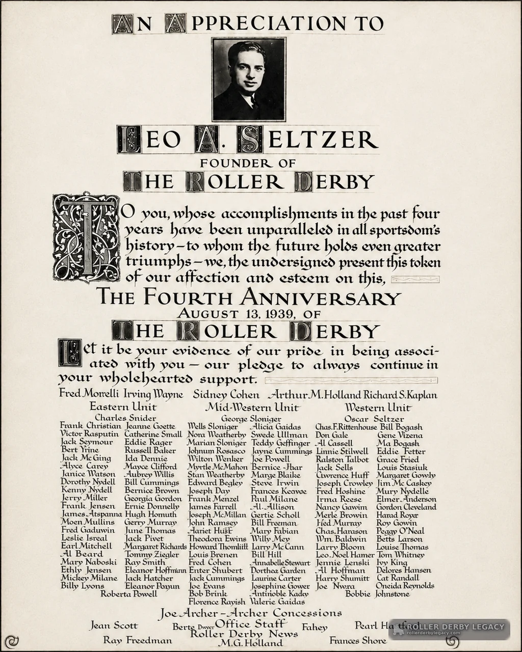 Appreciation Certificate to Leo A. Seltzer, 1939