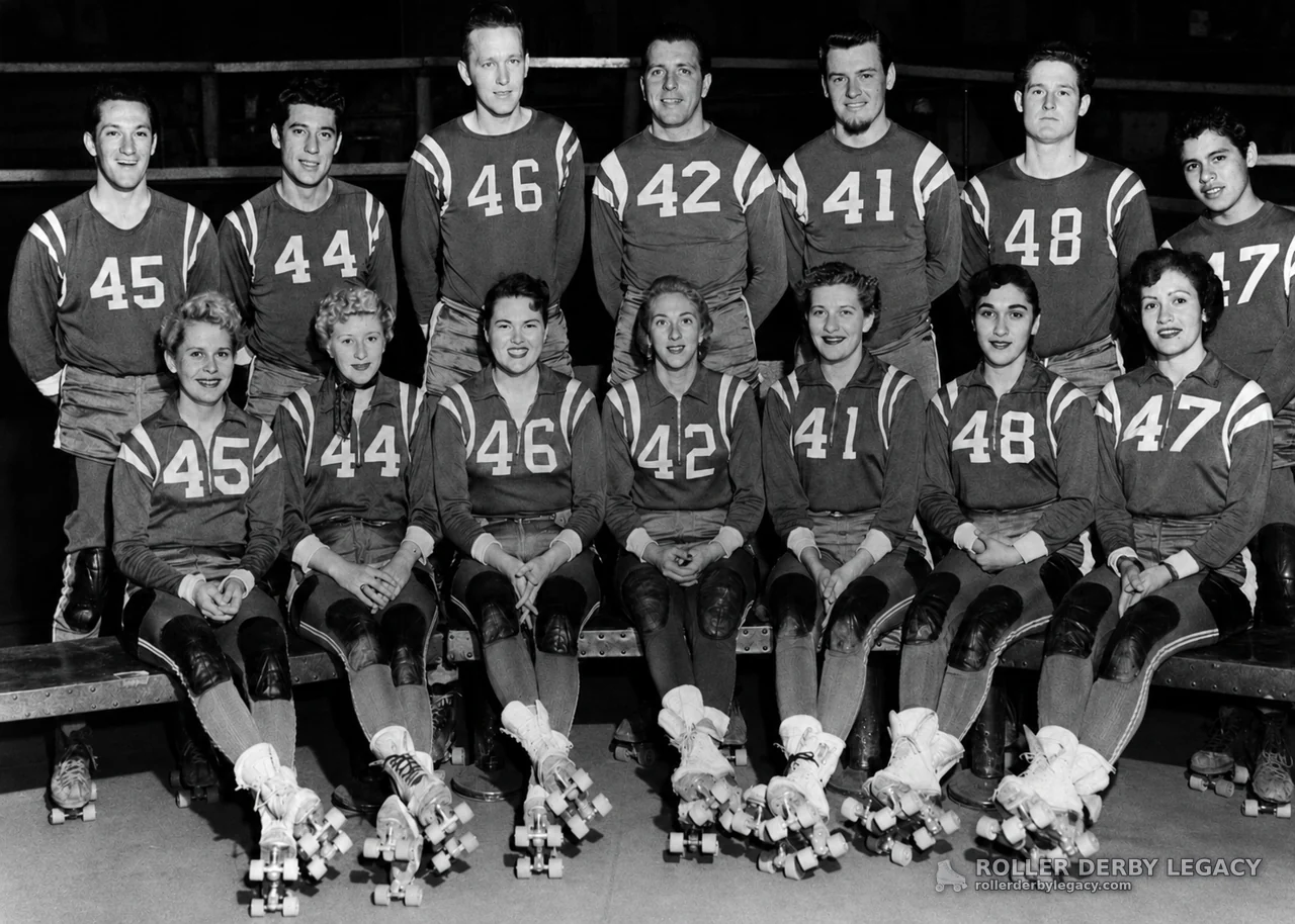 Numbered Roller Skaters Posed in an Indoor Rink