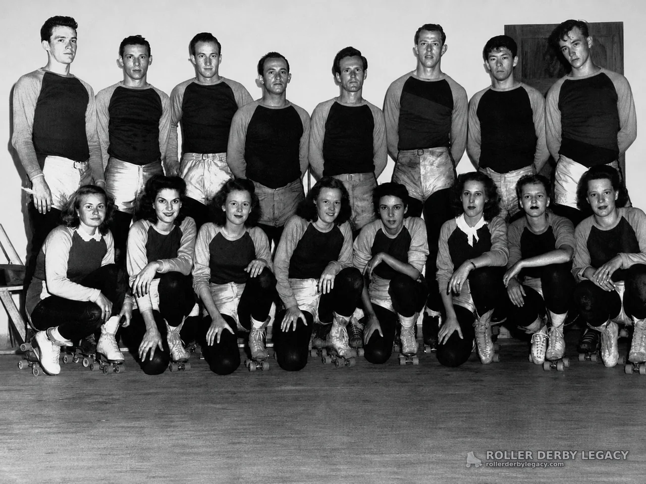 Sixteen Roller Skaters in Matching Uniforms, 1940s