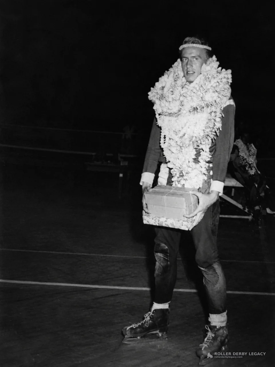 Skater with Flower Leis and Wrapped Box