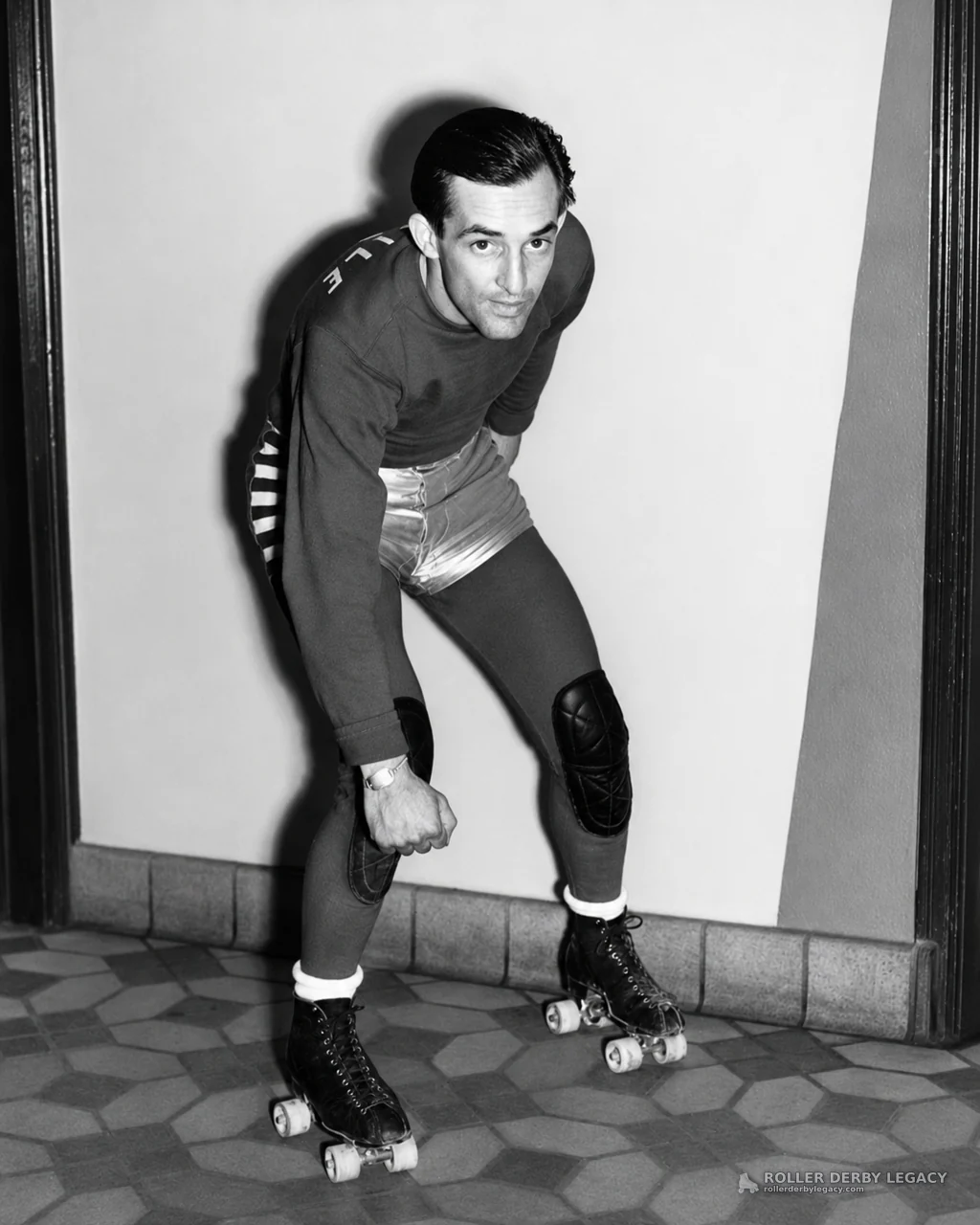 Unidentified Skater Posing Indoors on Quad Roller Skates