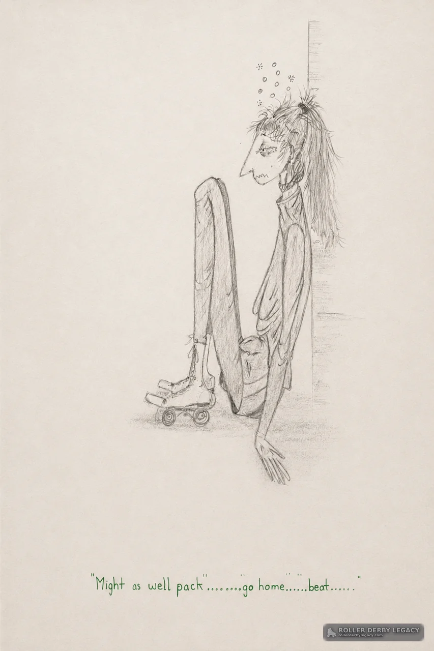 Pencil Cartoon of a Weary Skater with Caption