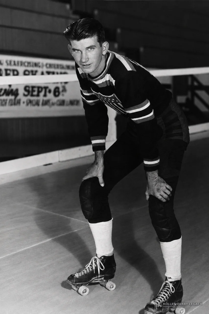 Crouched Roller Skater in Striped Uniform