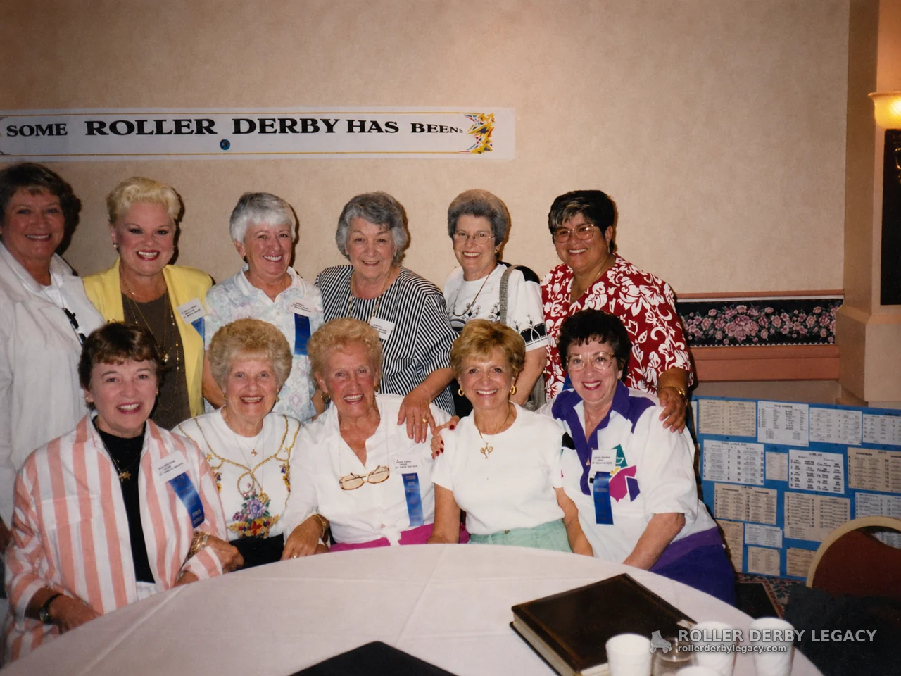 Group Portrait Beneath "Some Roller Derby Has Beens" Banner