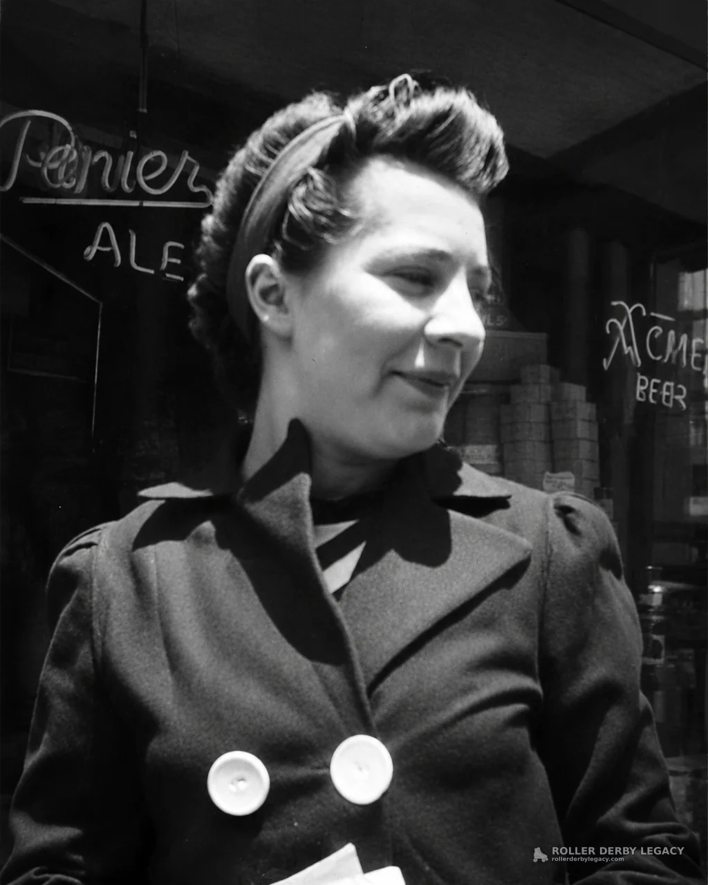 Woman in Coat Outside Storefront with Beer Signs