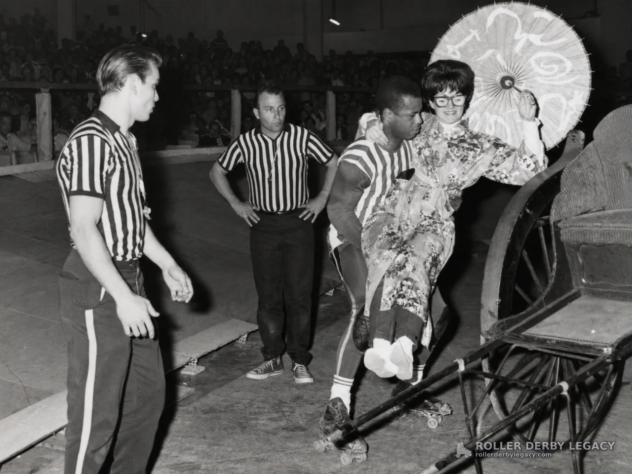 Roller Skater Carries Costumed Performer Beside Rickshaw
