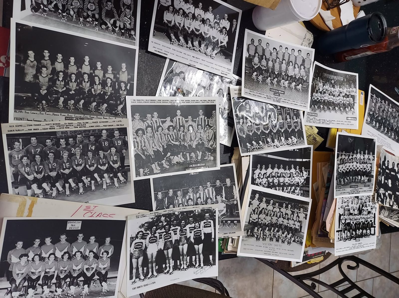 A spread of vintage black-and-white roller derby team photographs from the founding collection.