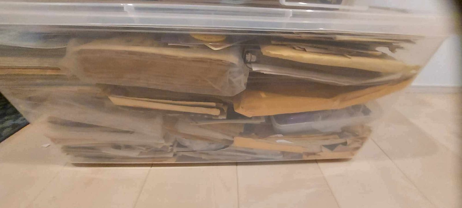 Binders and a storage tub of historical roller derby materials waiting to be scanned.