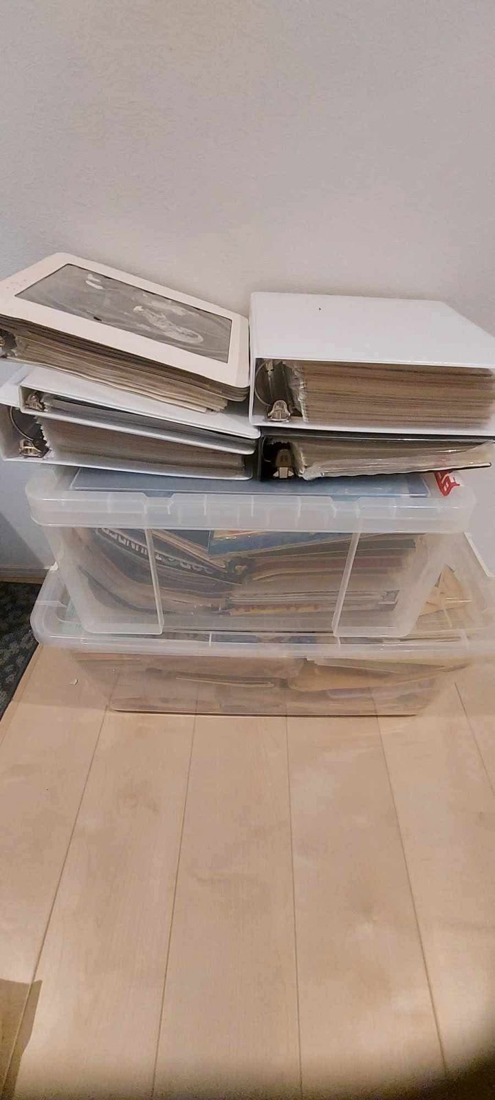 A clear storage tub packed with aged programs and documents from the collection.