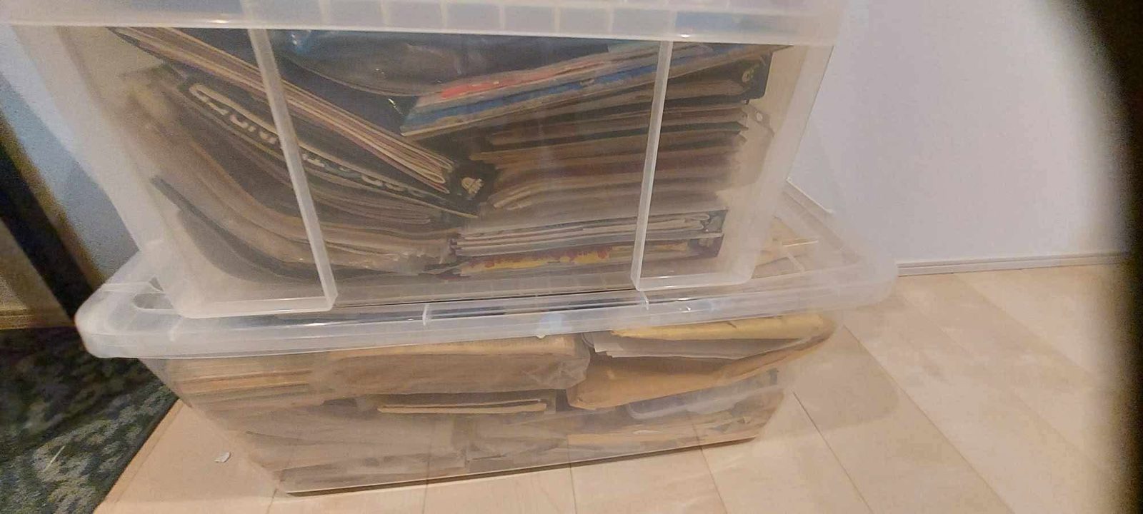 Binders of preserved photographs stacked on storage tubs of the collection.