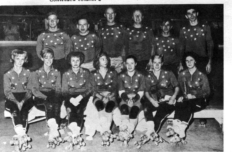 Black-and-white team portrait of roller derby skaters in star-pattern jerseys, six men standing and seven women seated, mid-twentieth century; team name pending identification.