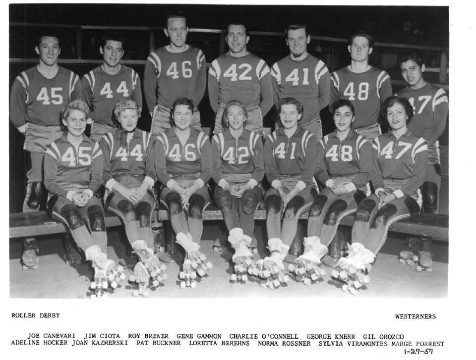 Group portrait of a 1957 Westerners roller derby team roster in matching uniforms, two rows.